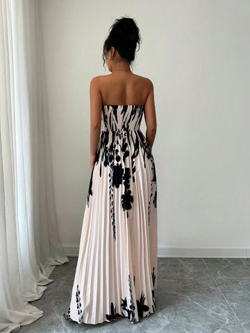 Women's Twist-Knot Printed Smock Pleated Swing Maxi Casual Vacation Elegant Dress