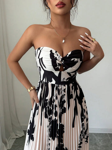 Women's Twist-Knot Printed Smock Pleated Swing Maxi Casual Vacation Elegant Dress