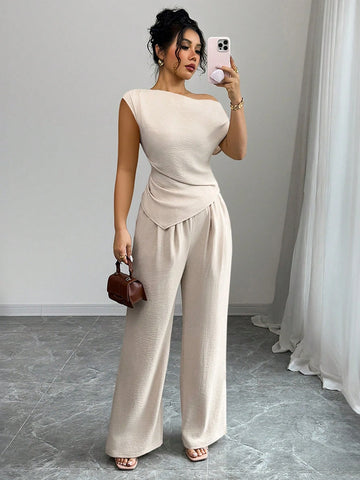Elegant One-Shoulder Sleeveless Asymmetric Hem Fitted Top And Relaxed Straight Leg Pants