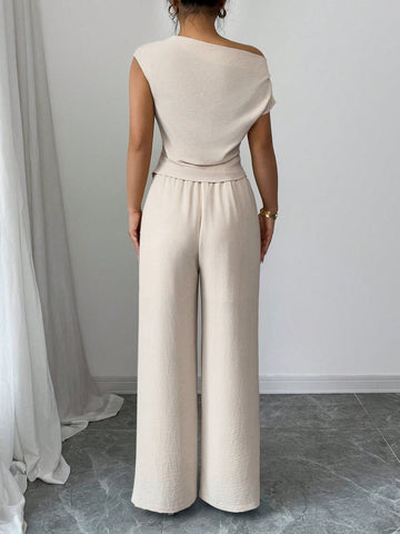 Elegant One-Shoulder Sleeveless Asymmetric Hem Fitted Top And Relaxed Straight Leg Pants