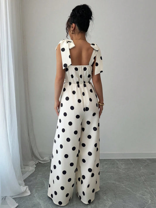 Elenzga Women's Vintage Elegant Polka Dot Print Ruffle Tie Shoulder Jumpsuit