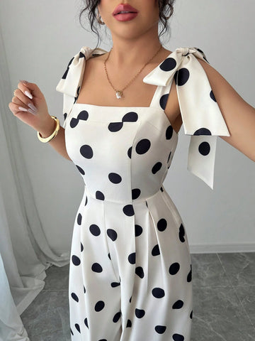 Elenzga Women's Vintage Elegant Polka Dot Print Ruffle Tie Shoulder Jumpsuit