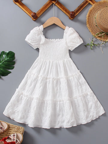 Young Girls Elegant Shirred Puff Sleeve Ruffle Hem Layered Cake Dress