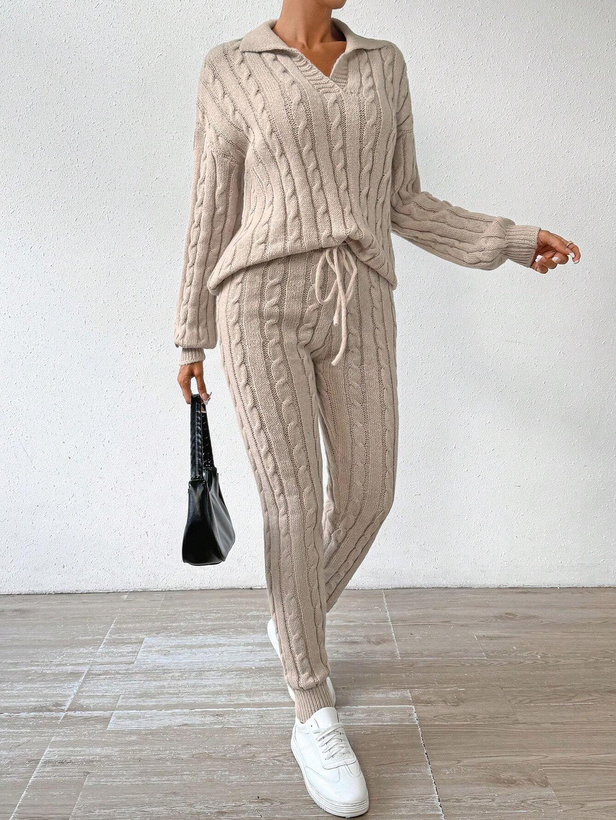 Essnce Cable Knit Drop Shoulder Sweater & Drawstring Waist Knit Pants