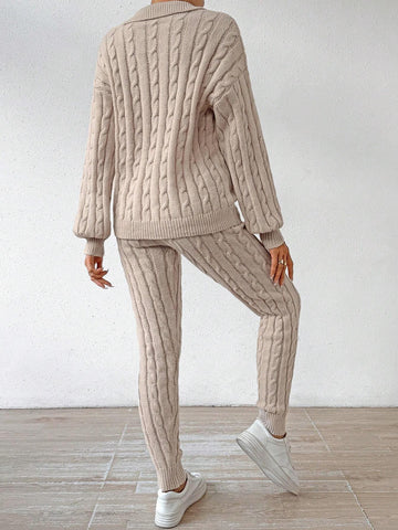 Essnce Cable Knit Drop Shoulder Sweater & Drawstring Waist Knit Pants