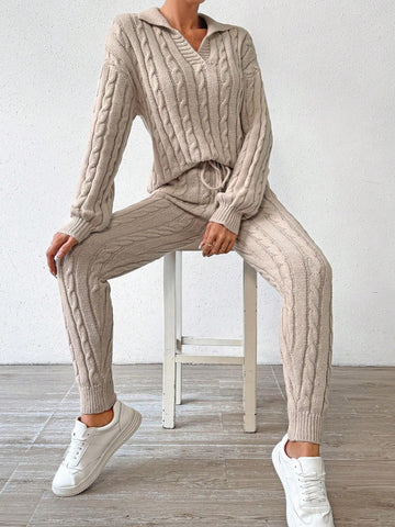 Essnce Cable Knit Drop Shoulder Sweater & Drawstring Waist Knit Pants