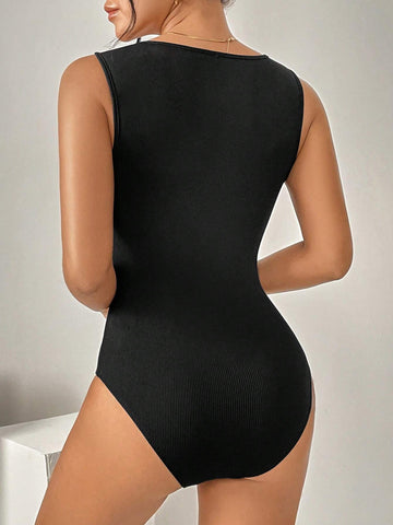 Essnce Daily Casual Shoulder Knot Asymmetrical Ribbed Bodysuit
