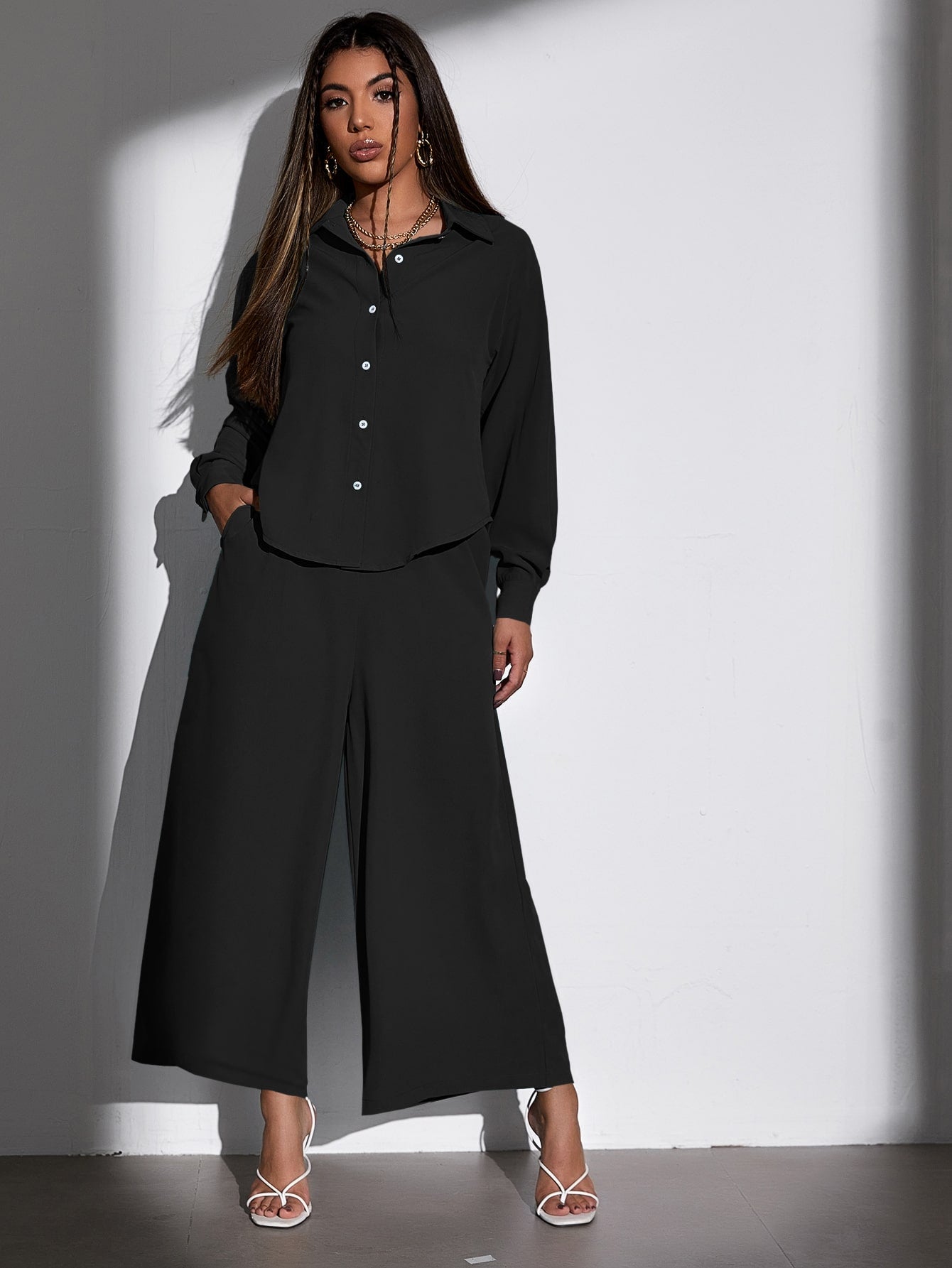 Essnce High Low Blouse & Wide Leg Pants Set