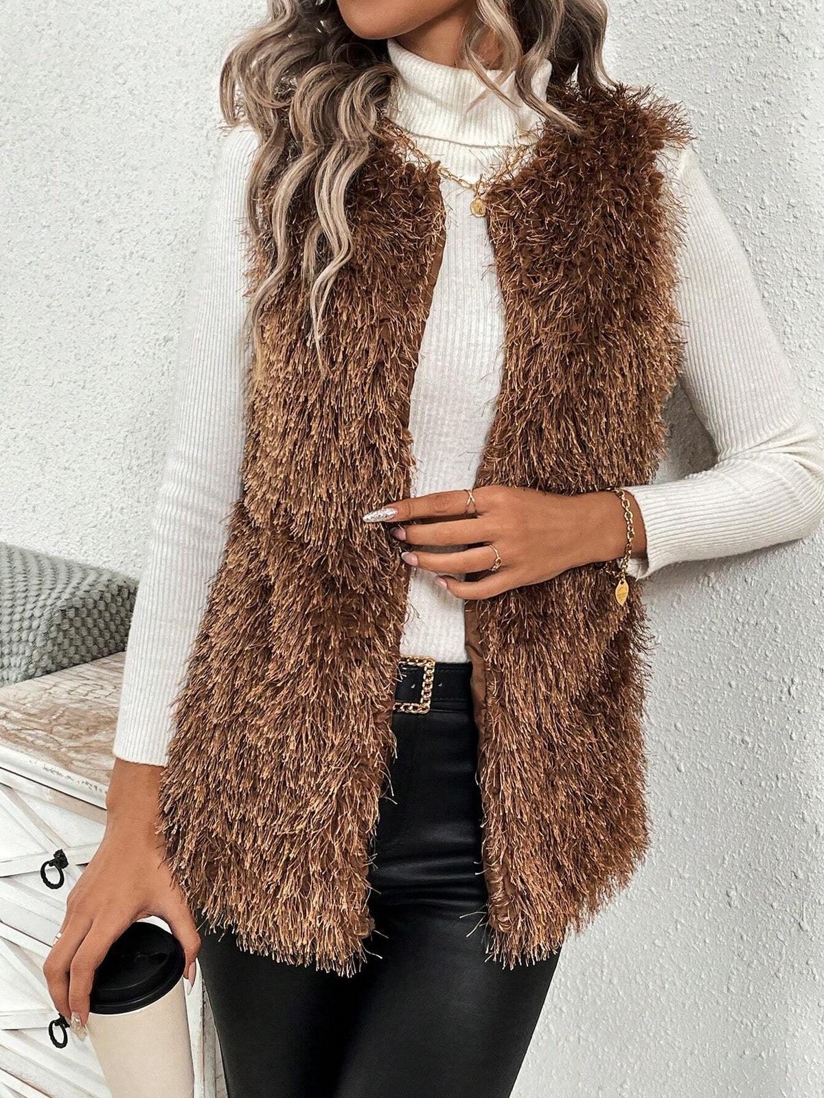 Essnce Ladies' Furry Front Open Vest Coat