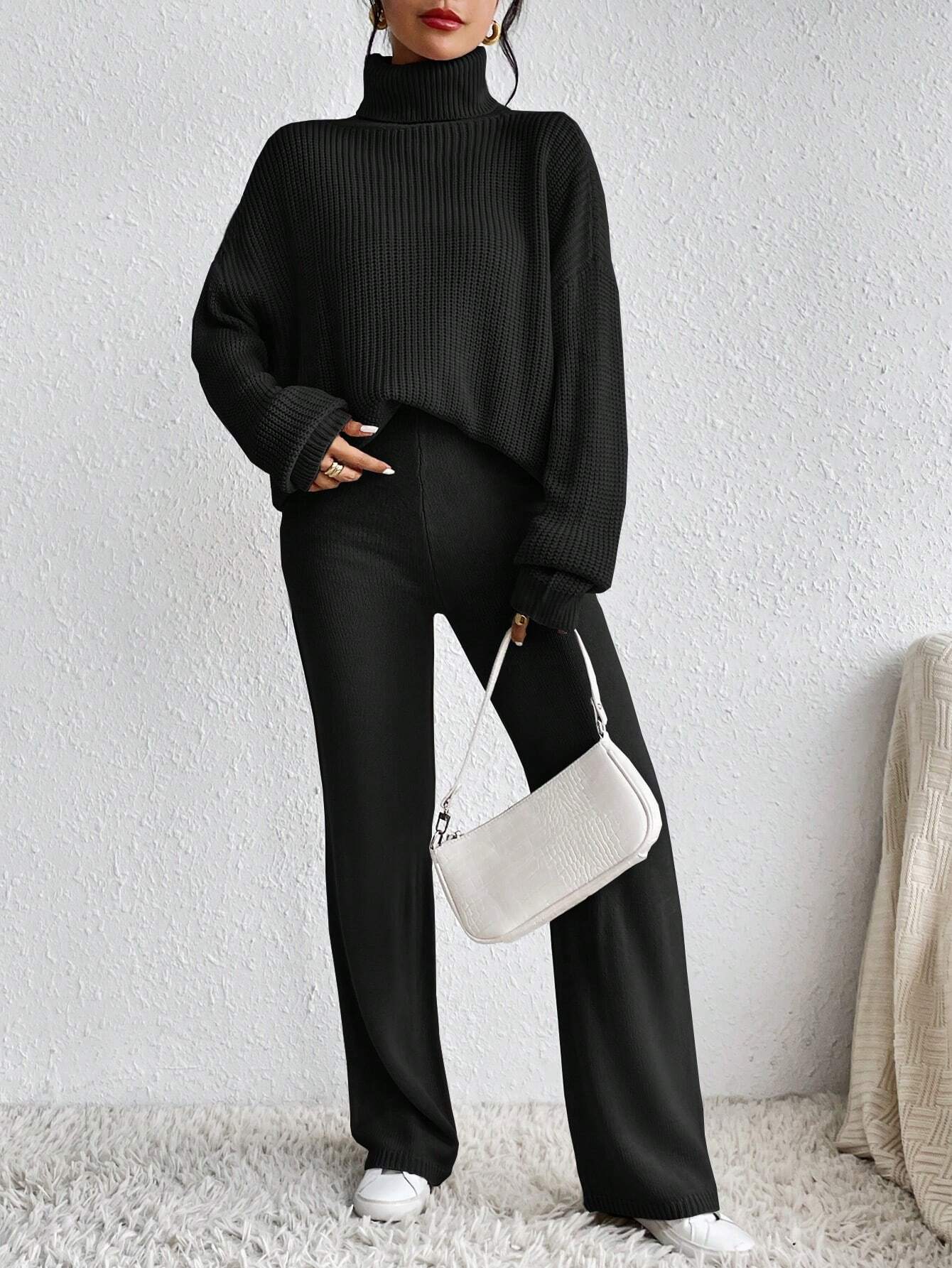 Essnce Turtleneck Drop Shoulder Sweater & Knit Pants