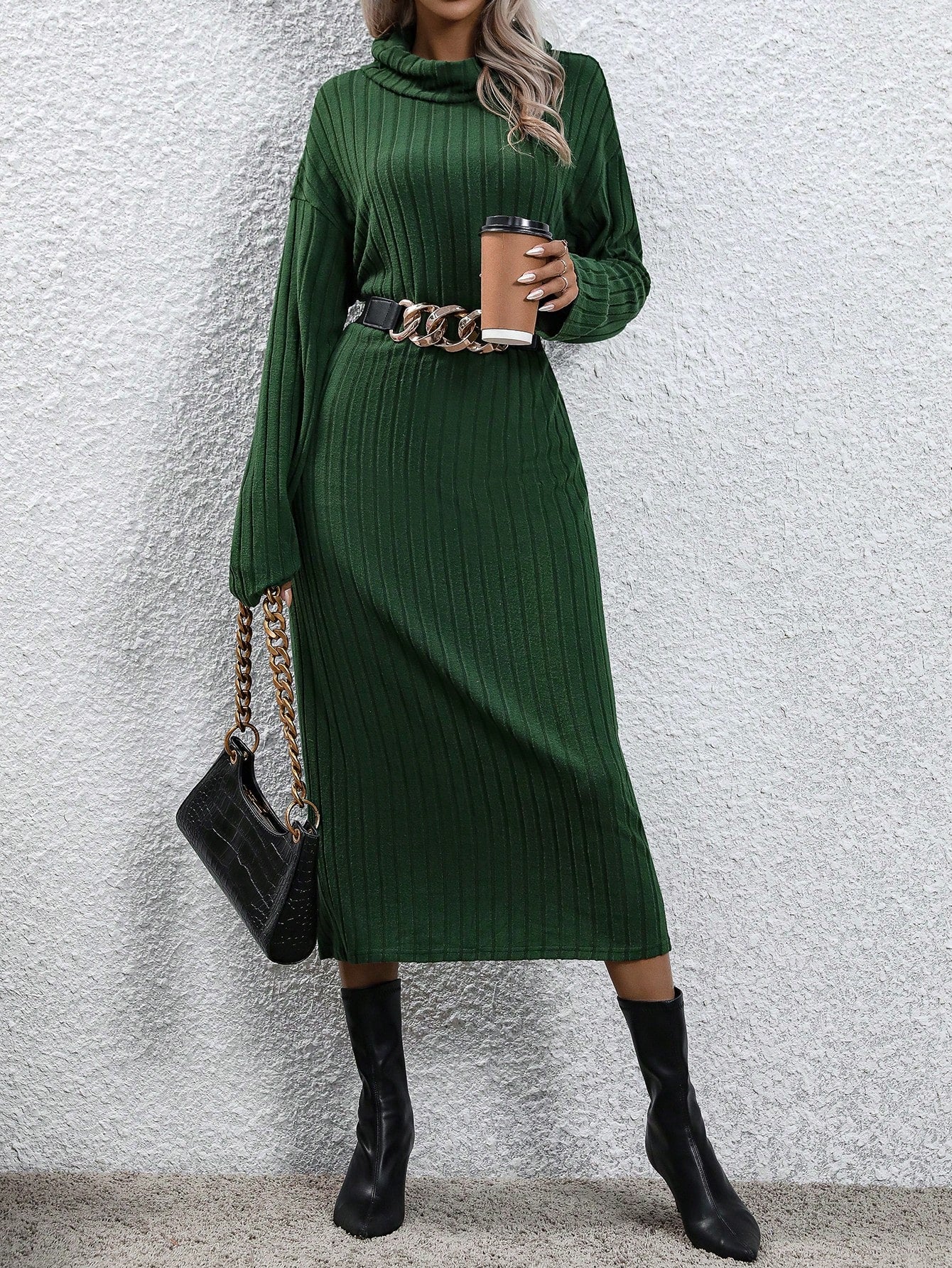 Essnce Turtleneck Ribbed Knit Drop Shoulder Dress