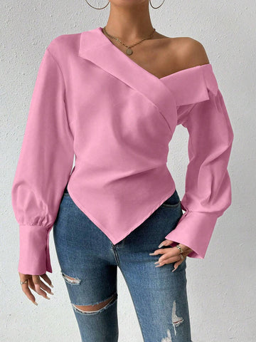 Essnce Women'S Asymmetrical Collar Long Sleeve Shirt