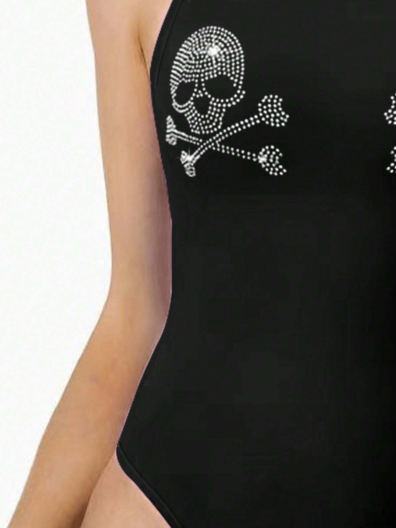 Essnce Women's Sleeveless Bodysuit With Skull Head Rhinestone Decoration