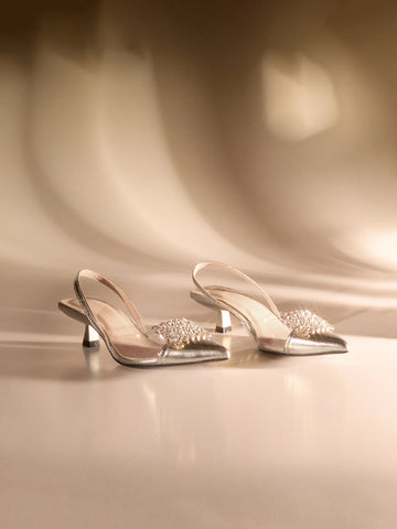 Metallic Rhinestone Decor Point Toe Pyramid Heeled Slingback Pumps