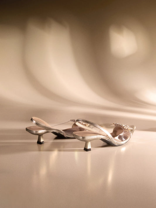 Metallic Rhinestone Decor Point Toe Pyramid Heeled Slingback Pumps