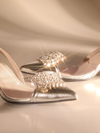 Metallic Rhinestone Decor Point Toe Pyramid Heeled Slingback Pumps