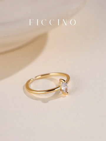FICCINO Classic Single Cubic Zirconia Gold Plated Adjustable Size Open Ring
