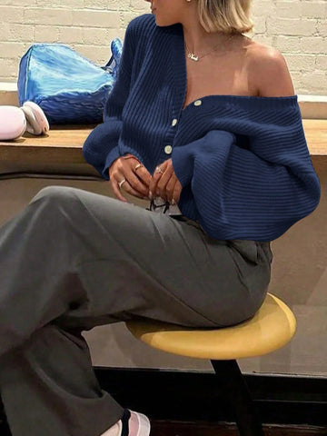 V-Neck Front Twisted Buckle Long-Sleeved Knitted Cardigan