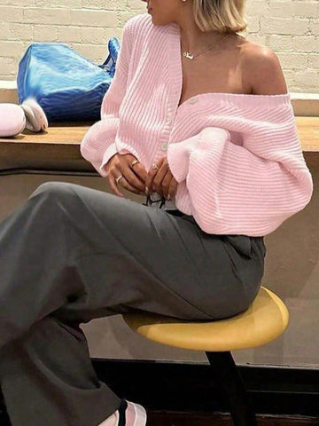 V-Neck Front Twisted Buckle Long-Sleeved Knitted Cardigan