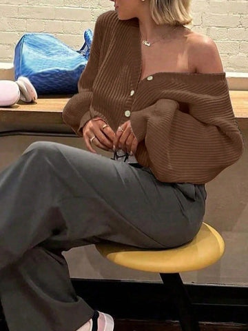 V-Neck Front Twisted Buckle Long-Sleeved Knitted Cardigan