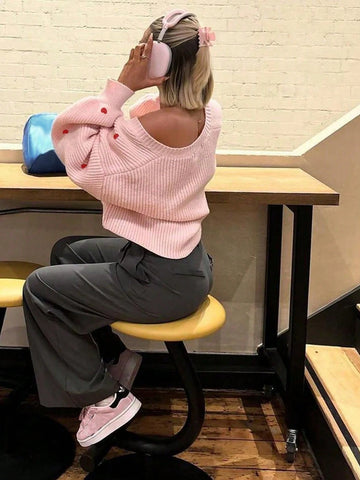 V-Neck Front Twisted Buckle Long-Sleeved Knitted Cardigan