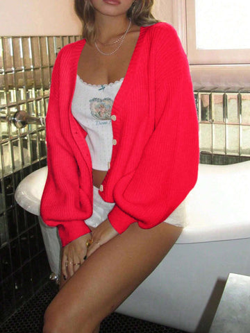 V-Neck Front Twisted Buckle Long-Sleeved Knitted Cardigan