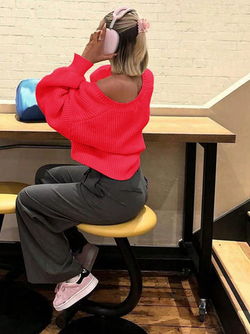 V-Neck Front Twisted Buckle Long-Sleeved Knitted Cardigan