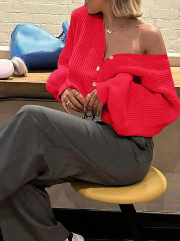 V-Neck Front Twisted Buckle Long-Sleeved Knitted Cardigan