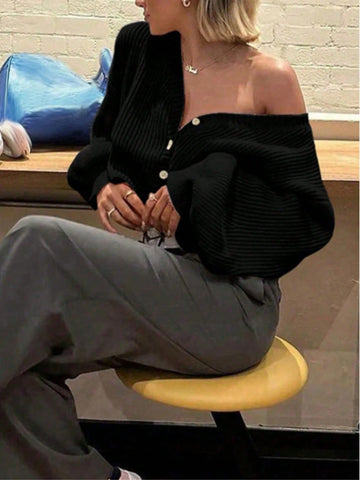 V-Neck Front Twisted Buckle Long-Sleeved Knitted Cardigan