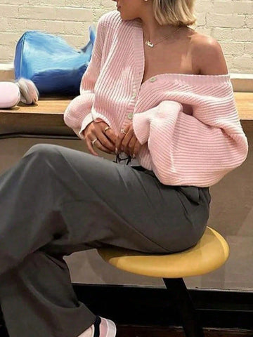 V-Neck Front Twisted Buckle Long-Sleeved Knitted Cardigan