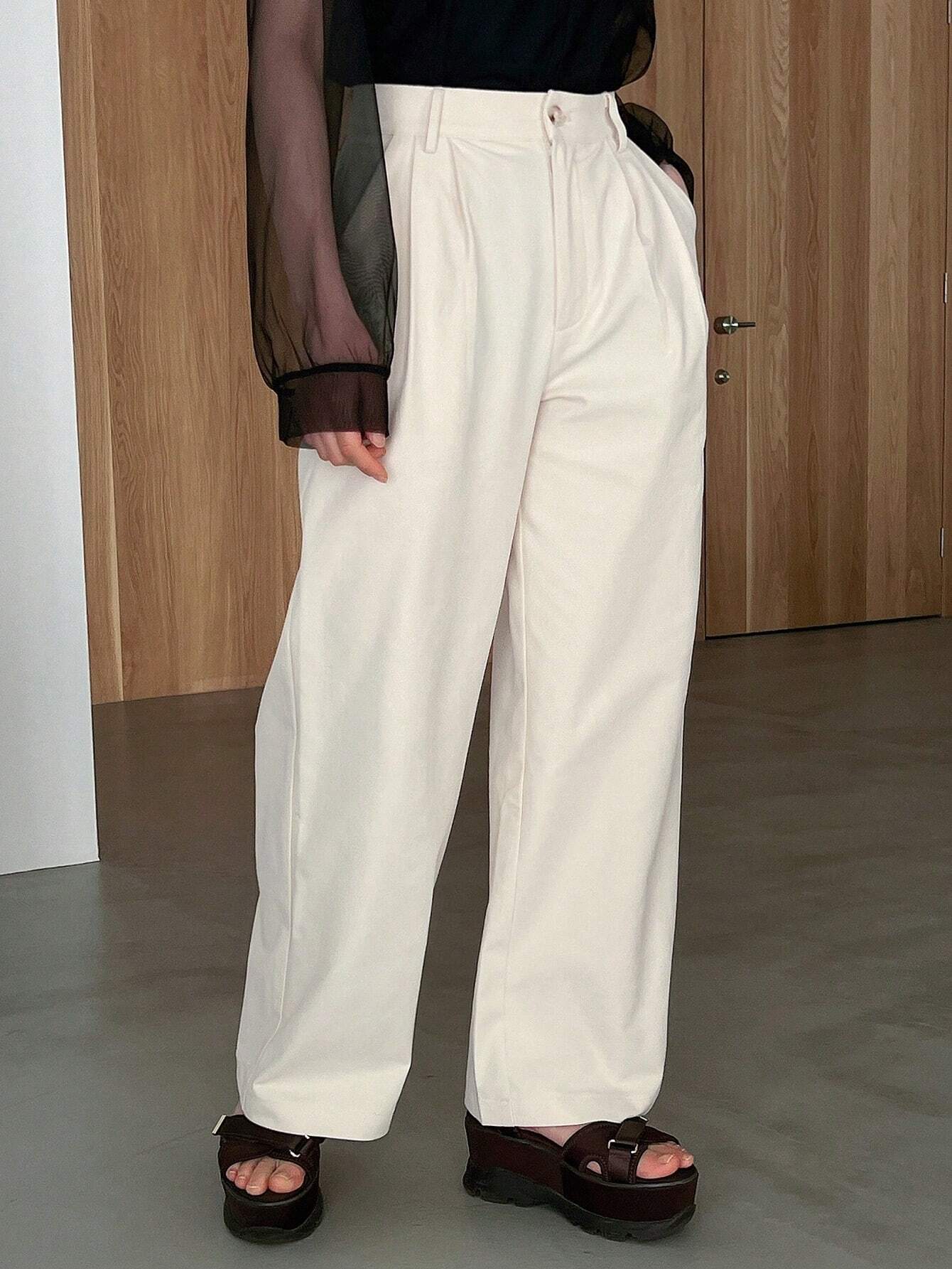 FRIFUL Designer Women's White Casual Pants With Pleats