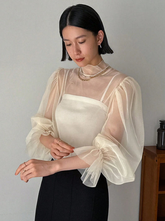 FRIFUL Mesh Sheer Top With Ruffle Sleeve