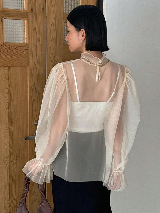 FRIFUL Mesh Sheer Top With Ruffle Sleeve