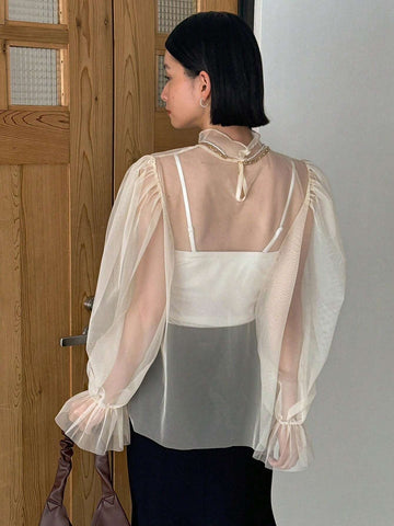 FRIFUL Mesh Sheer Top With Ruffle Sleeve