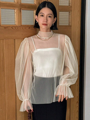 FRIFUL Mesh Sheer Top With Ruffle Sleeve
