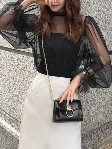 FRIFUL Mesh Sheer Top With Ruffle Sleeve