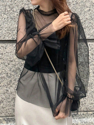 FRIFUL Mesh Sheer Top With Ruffle Sleeve