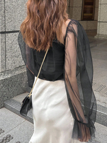 FRIFUL Mesh Sheer Top With Ruffle Sleeve