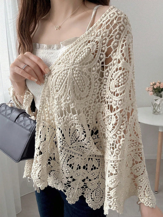 Women Solid Color Crochet Hollow-Out Casual Vacation Long Sleeve Cardigan