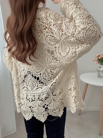 Women Solid Color Crochet Hollow-Out Casual Vacation Long Sleeve Cardigan