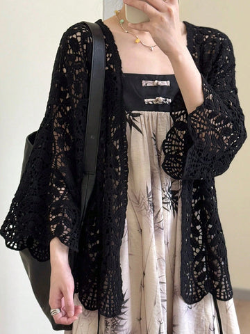 Women Solid Color Crochet Hollow-Out Casual Vacation Long Sleeve Cardigan