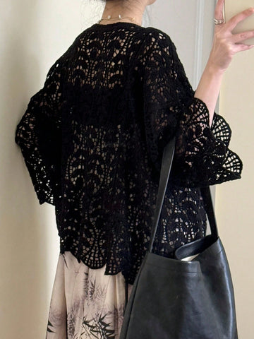 Women Solid Color Crochet Hollow-Out Casual Vacation Long Sleeve Cardigan