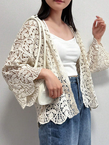 Women Solid Color Crochet Hollow-Out Casual Vacation Long Sleeve Cardigan