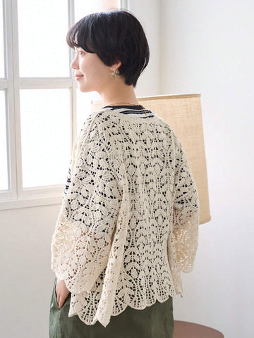 Women Solid Color Crochet Hollow-Out Casual Vacation Long Sleeve Cardigan