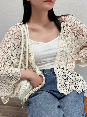 Women Solid Color Crochet Hollow-Out Casual Vacation Long Sleeve Cardigan