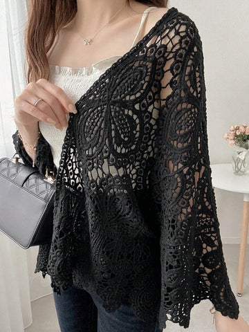 Women Solid Color Crochet Hollow-Out Casual Vacation Long Sleeve Cardigan