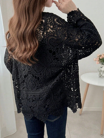 Women Solid Color Crochet Hollow-Out Casual Vacation Long Sleeve Cardigan