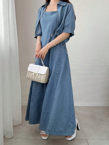 Short Sleeve Zip Front Pocket Top And Denim Skirt
