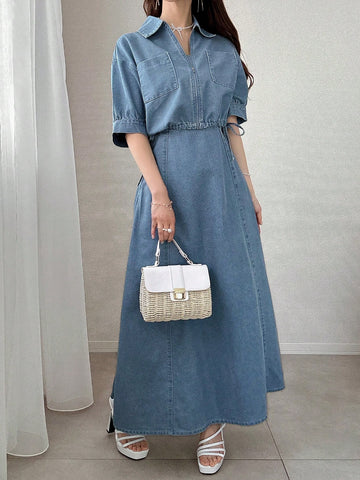 Short Sleeve Zip Front Pocket Top And Denim Skirt