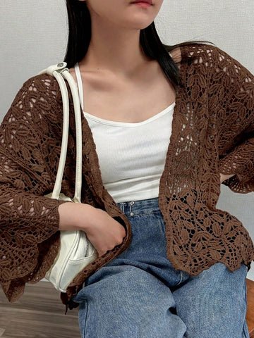 Women Solid Color Crochet Hollow-Out Casual Vacation Long Sleeve Cardigan